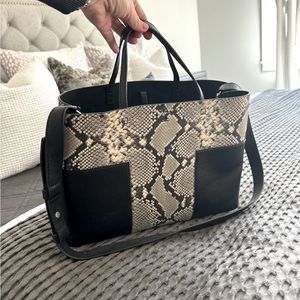 Tory Burch Black Bloc-T Embossed Triple Compartment Snake Leather Tote Bag
